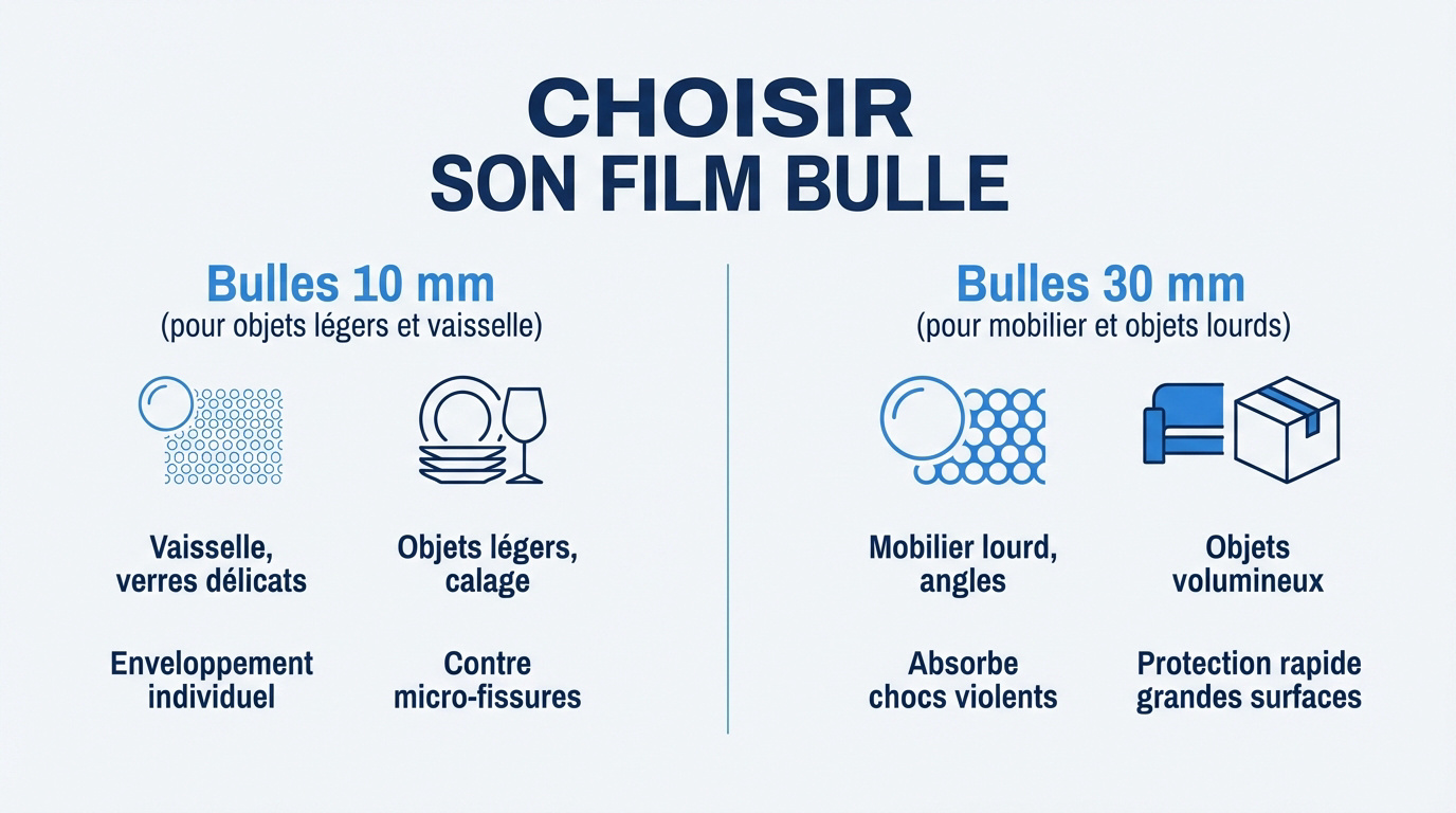 Comparaison entre papier bulles de 10 mm et 30 mm pour protéger des objets