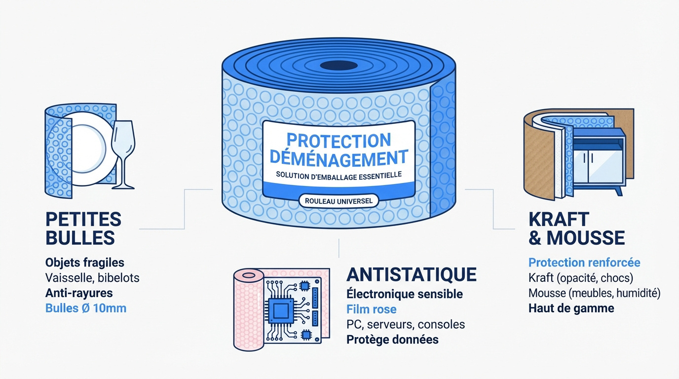 Différents types de rouleaux de papier bulles pour la protection d'un déménagement