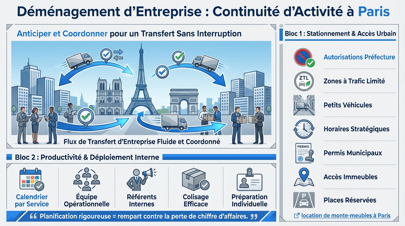 Équipe logistique organisant un transfert d'entreprise à Paris pour garantir la continuité d'activité