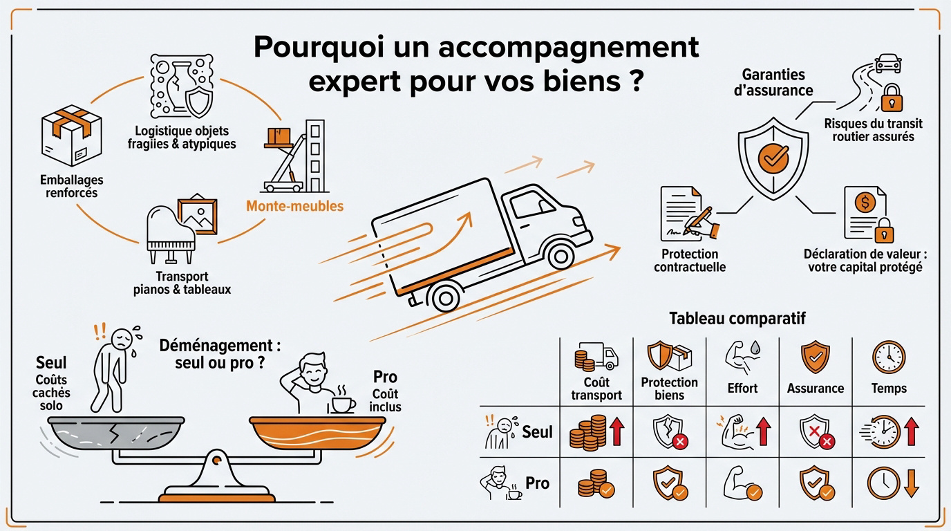 Équipe de déménageurs professionnels sécurisant des objets fragiles pour un transport longue distance