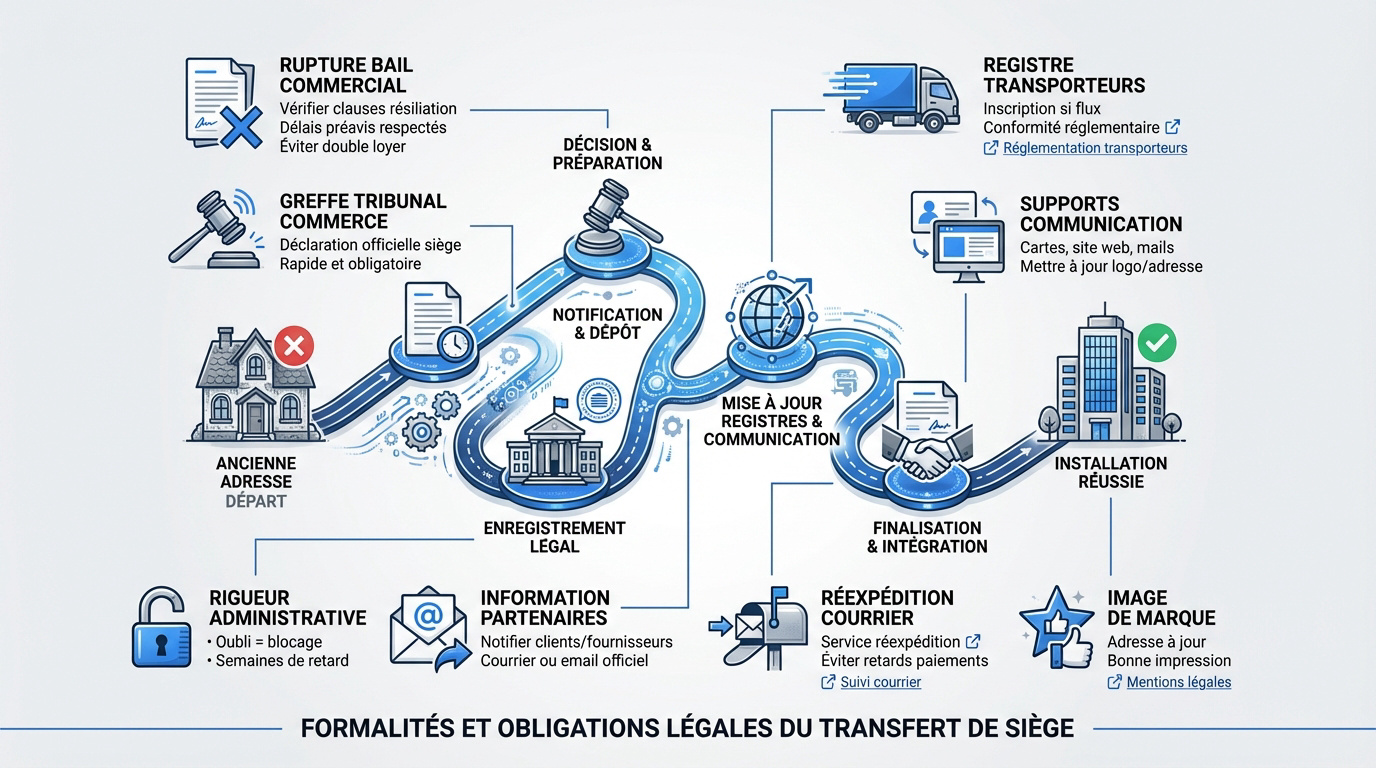 Infographie des étapes clés pour le transfert de siège social d'une entreprise