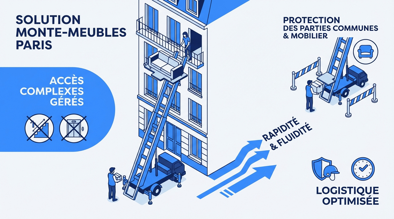 Utilisation d'un monte-meubles pour un déménagement dans un immeuble parisien aux accès difficiles