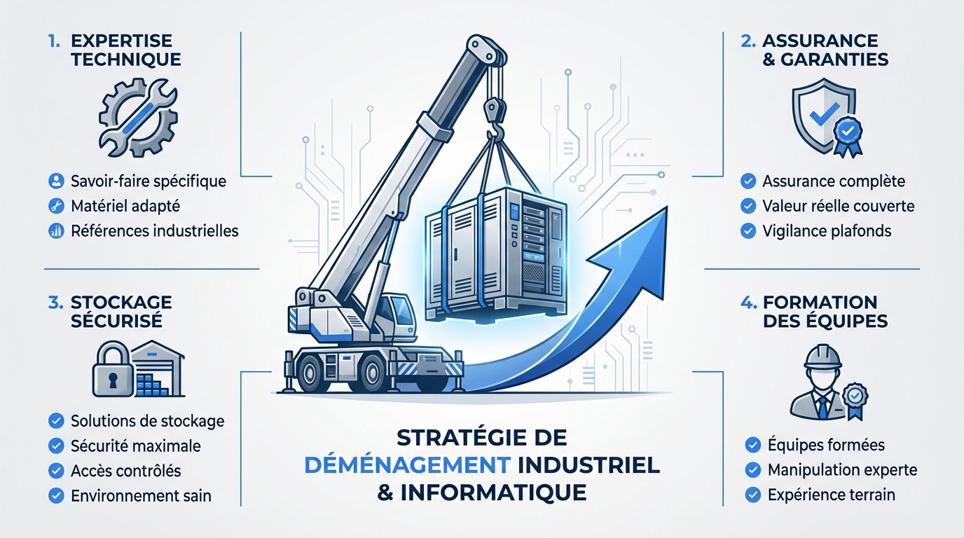 Équipe logistique préparant un déménagement de société avec matériel informatique et industriel