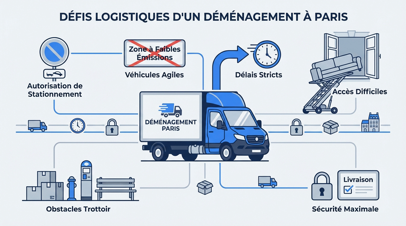 Camion de déménagement stationné dans une rue étroite de Paris avec un monte-meuble