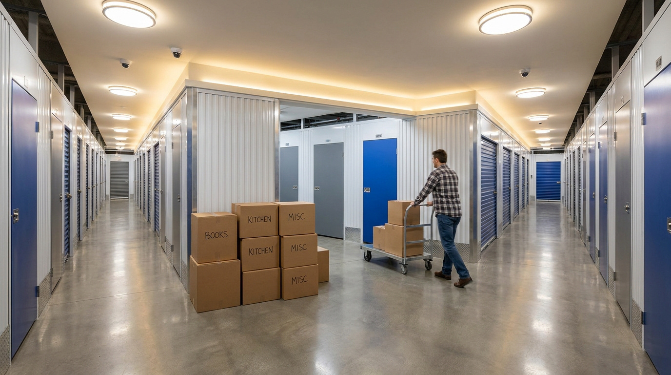 Un homme déplace un chariot avec des cartons dans un centre de stockage sécurisé et moderne en Île-de-France.