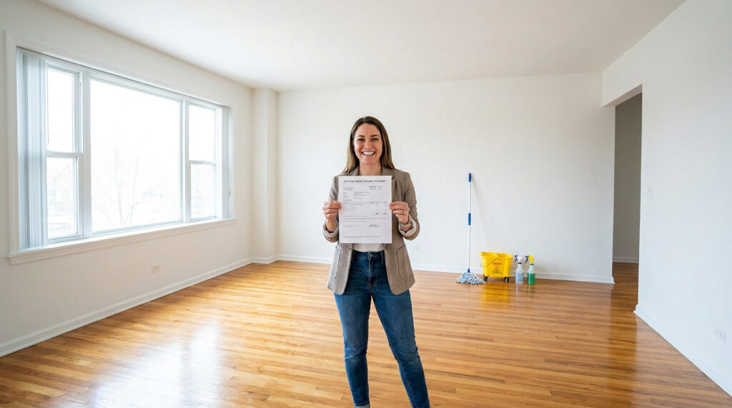 Une femme souriante tient un document dans un appartement vide et propre avec du matériel de nettoyage en arrière-plan.