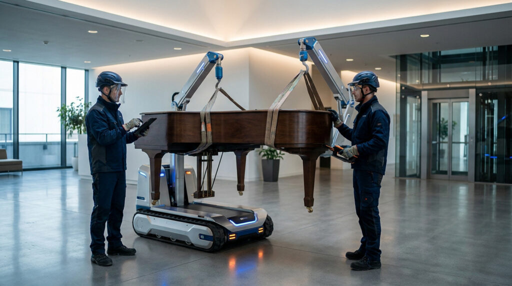 Deux techniciens en tenue de sécurité utilisent un robot de levage chenillé pour déplacer un piano à queue en intérieur.
