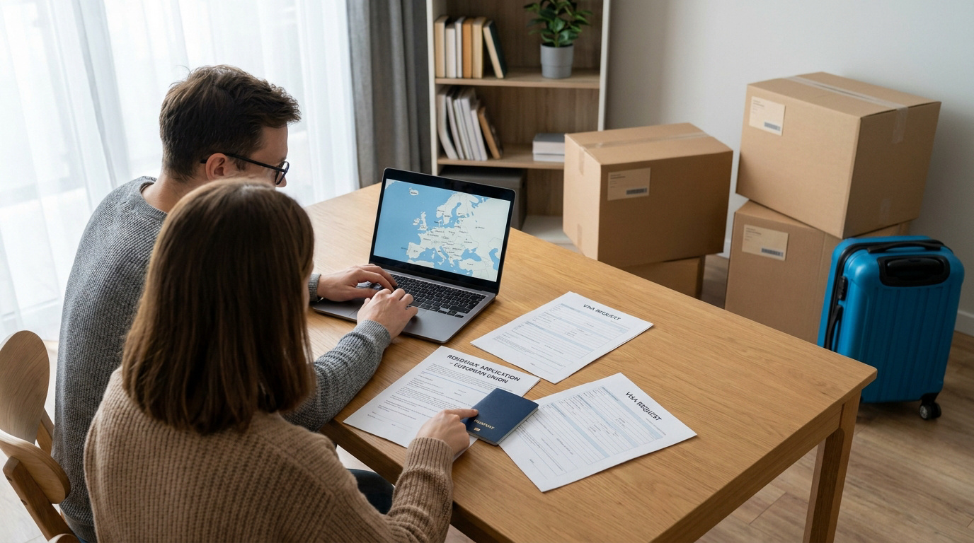 Un couple consulte une carte de l'Europe sur un ordinateur portable, entouré de cartons et de documents administratifs.