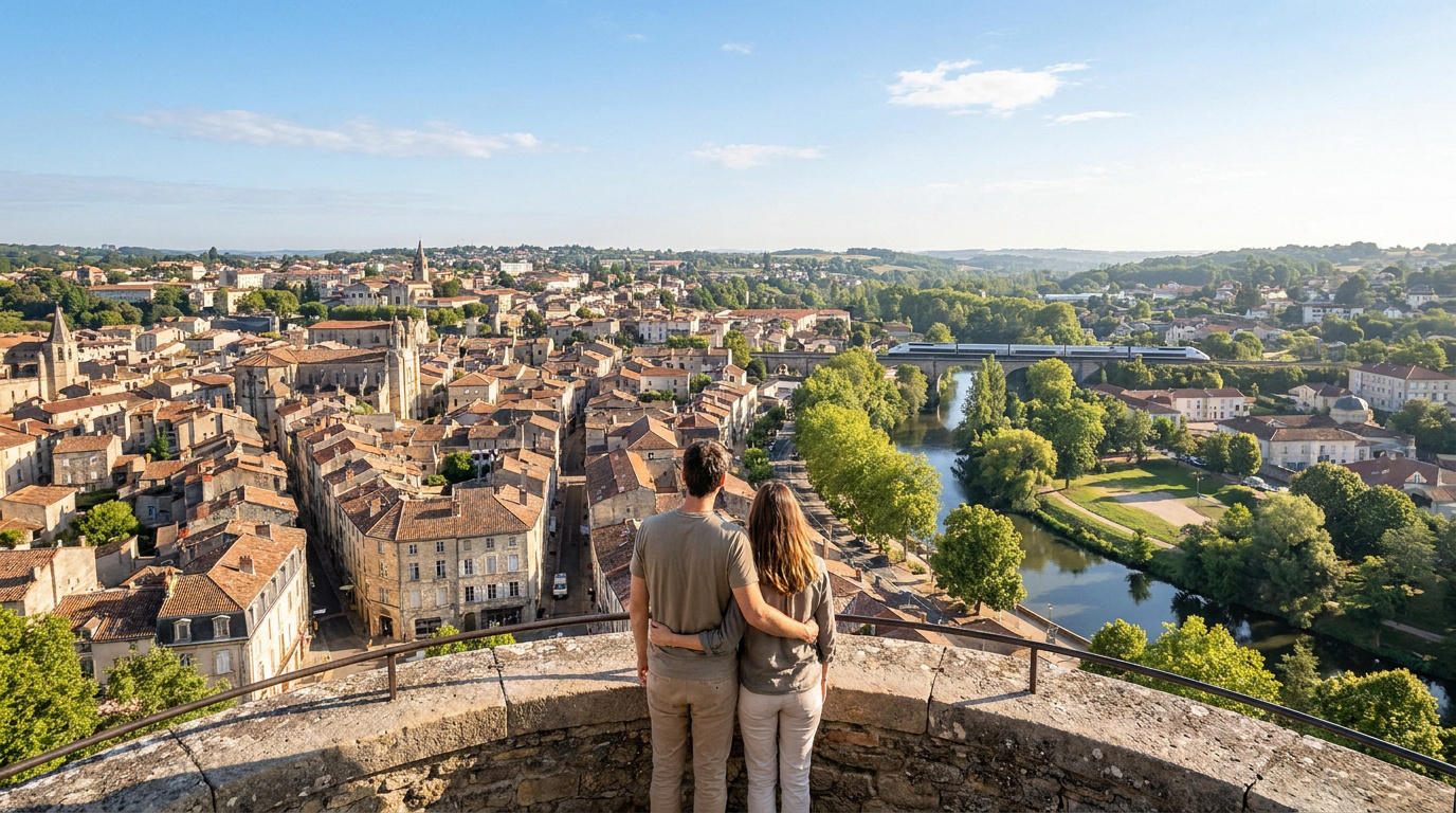 Un couple contemple une charmante ville française avec une rivière et un train depuis un point de vue panoramique.