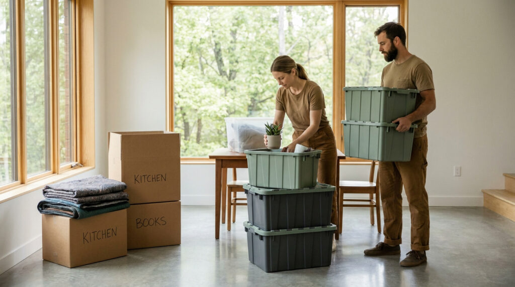 Un couple prépare ses cartons de déménagement dans une pièce lumineuse avec des bacs réutilisables et des boîtes en carton.