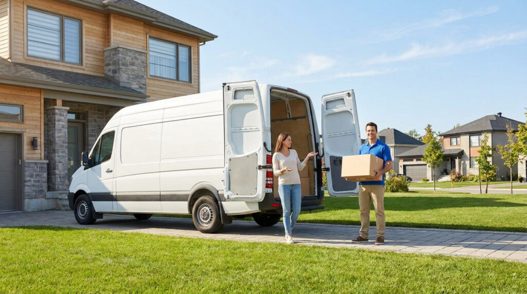 Un homme et une femme chargent un carton dans un camion de déménagement blanc devant une maison résidentielle.