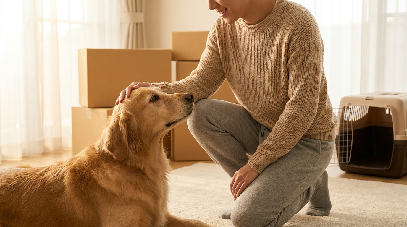 Un propriétaire caresse son golden retriever entouré de cartons de déménagement et d'une cage de transport.