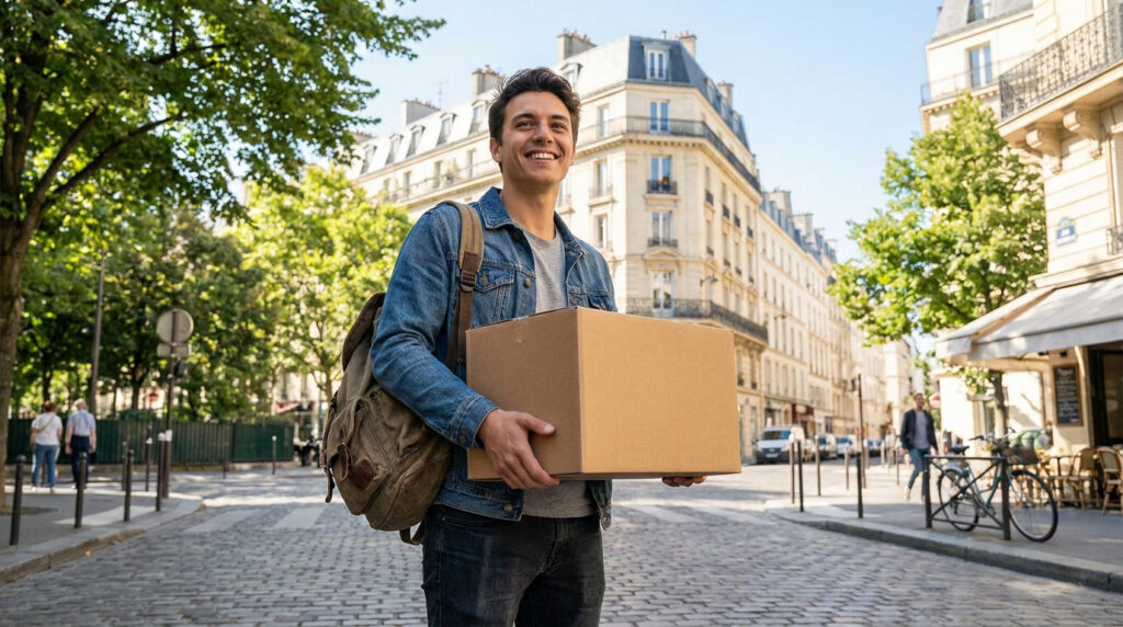 Un étudiant souriant portant un carton de déménagement dans une rue pavée typique de Paris.