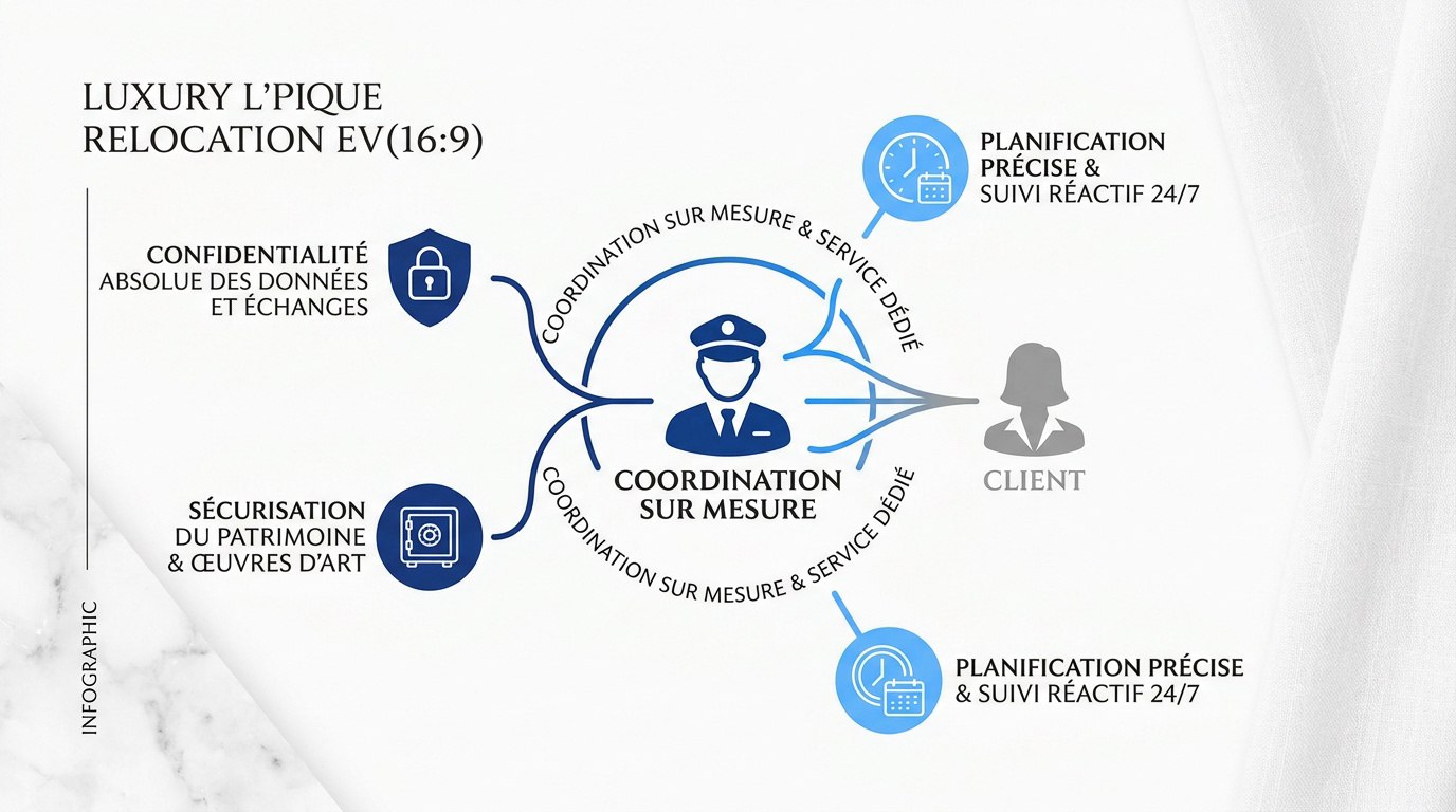 Infographie détaillant les services premium d'un déménagement de luxe avec emballage sur mesure et sécurité renforcée