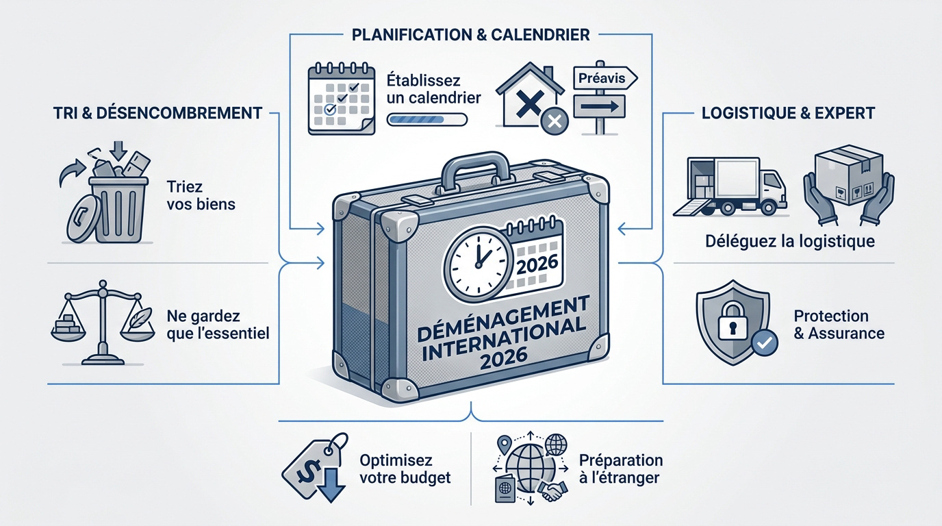 Infographie des étapes clés pour un déménagement international réussi en 2026