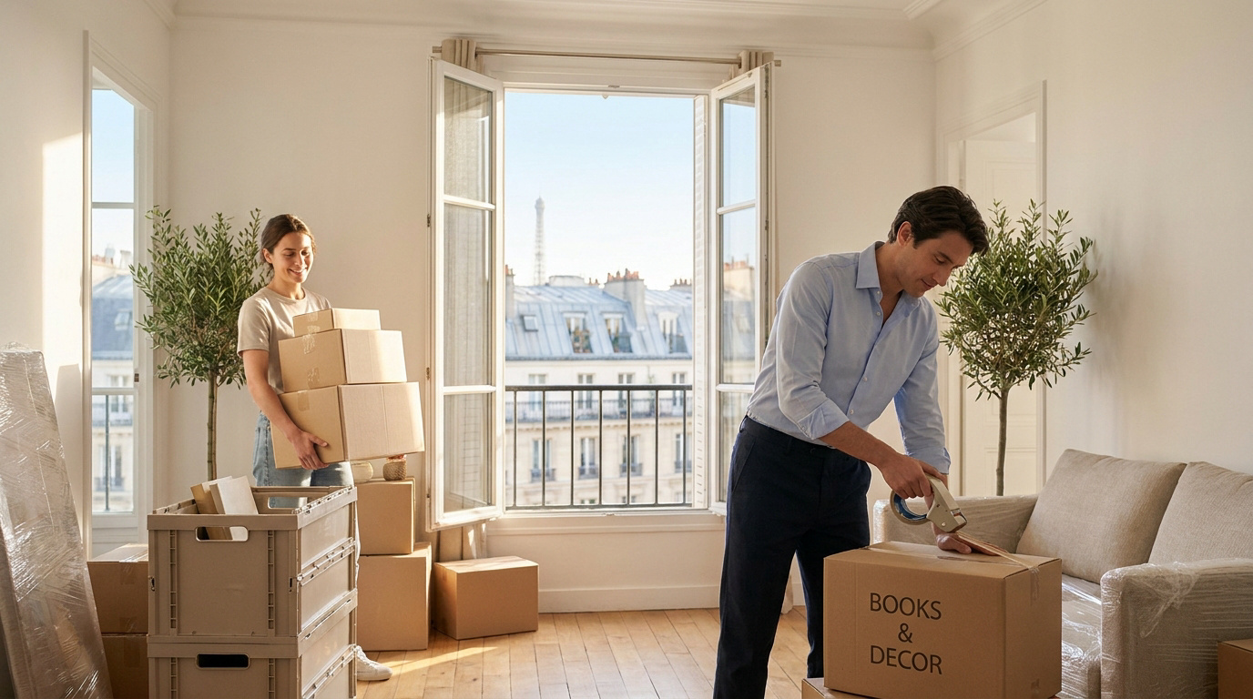 Un couple prépare des cartons de déménagement dans un appartement lumineux avec vue sur la Tour Eiffel.