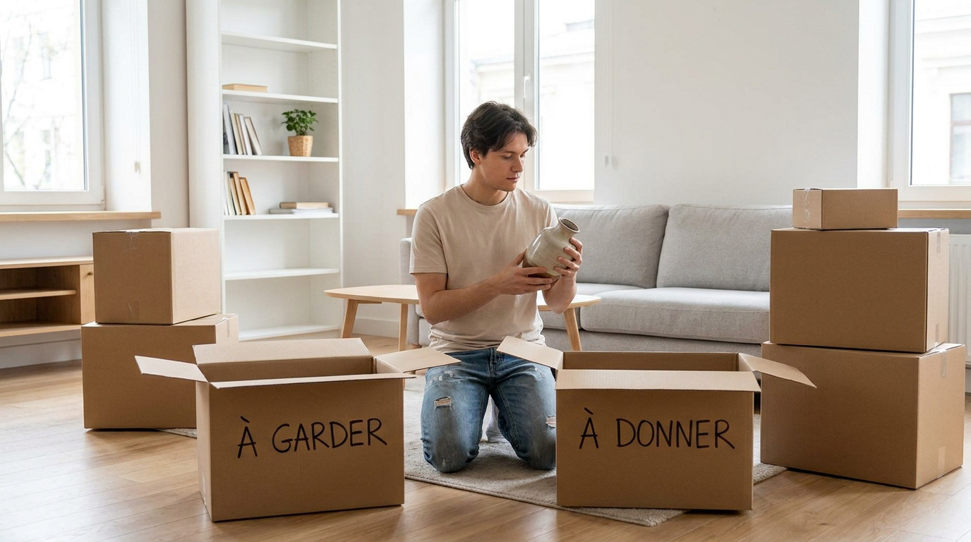 Un homme agenouillé trie ses affaires dans des cartons marqués "À garder" et "À donner" avant un déménagement.